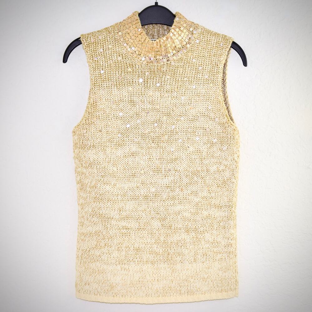 Carlisle Gold Mock Neck Sleeveless Sweater S Cotton Blend Sequins Knit Ombre